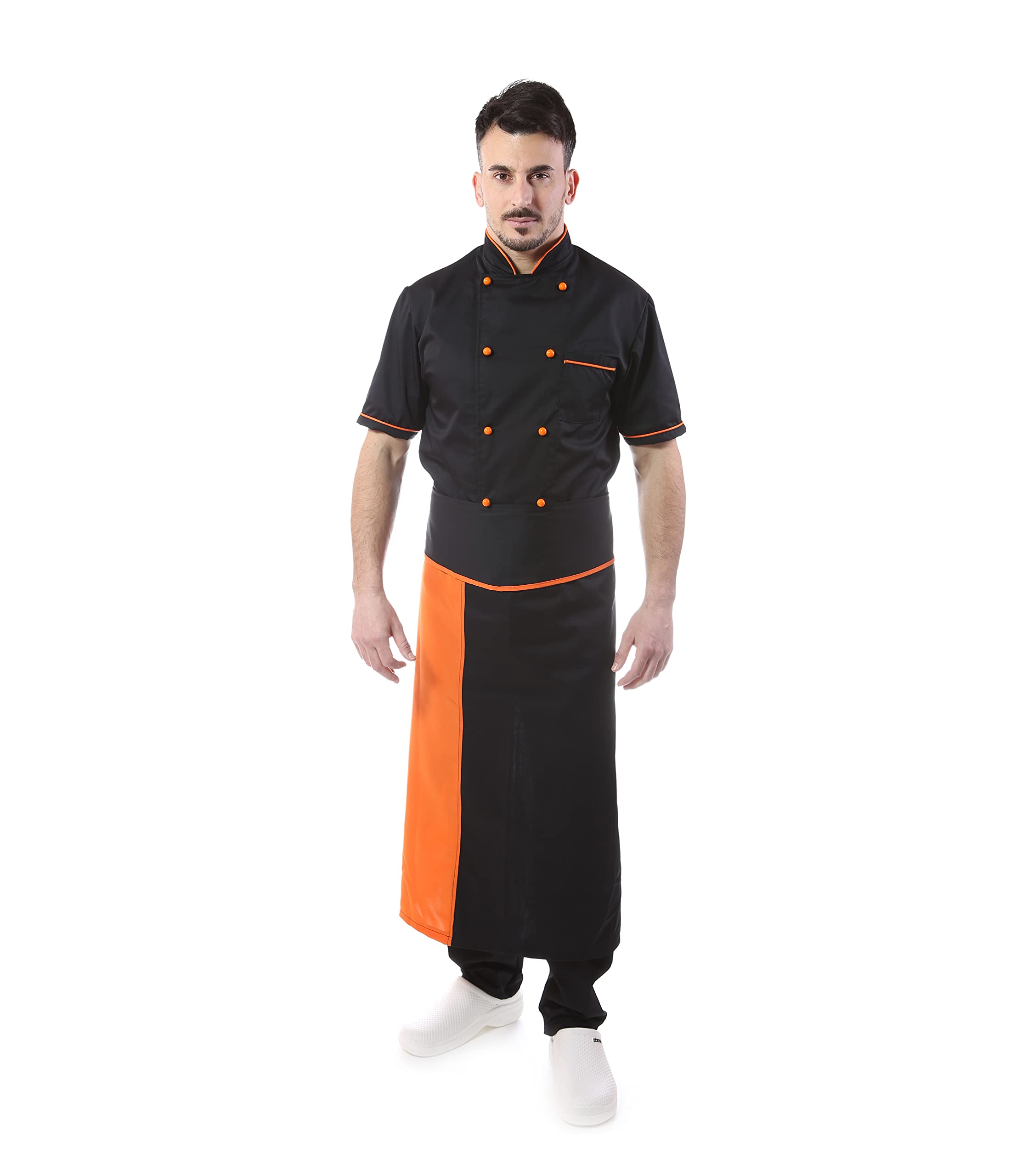 Ricamo Gratuito Completo Cuoco Uomo - Divisa Chef Nera e Arancio Personalizzabile - Manica Corta - Giacca, Pantaloni e Grembiule - Uniforme per Cucina e Ristorante