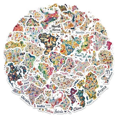 Paquete de calcomanías de vinilo con bloques de color, mapa del mundo, monumento cultural, impermeables, para laptop, botella de agua, maleta, diario, 50 unidades para adultos