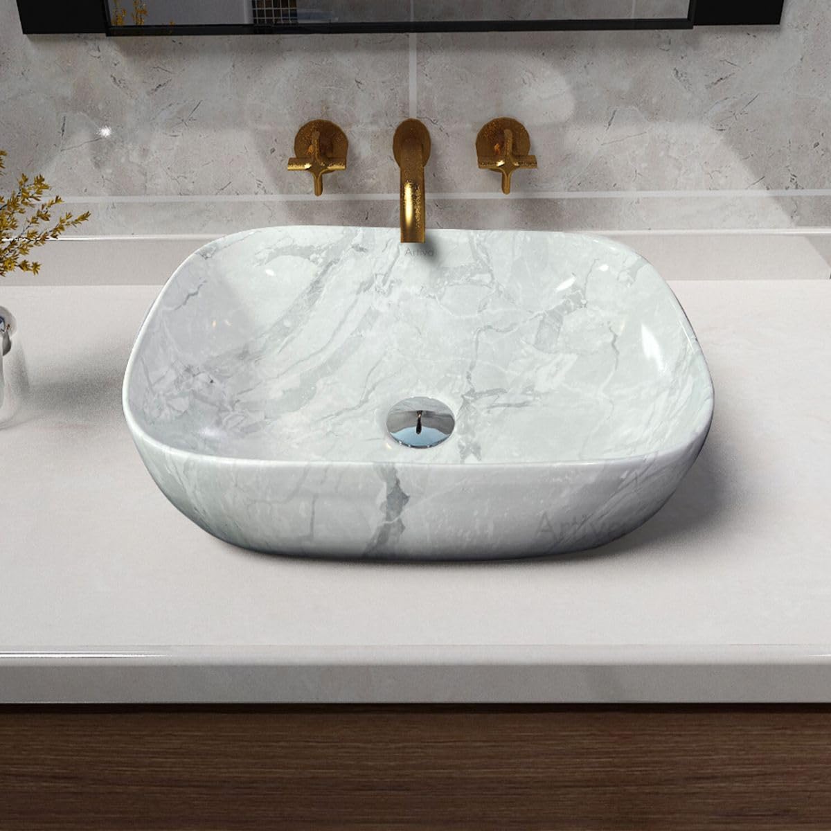 Ceramic Tabletop Basin Sink/Basin For Bathroom/Wash Basin/Washbasin For Restaurant, Hotel/Glossy Marble Finish (Sage Grey 13x18 Inch)