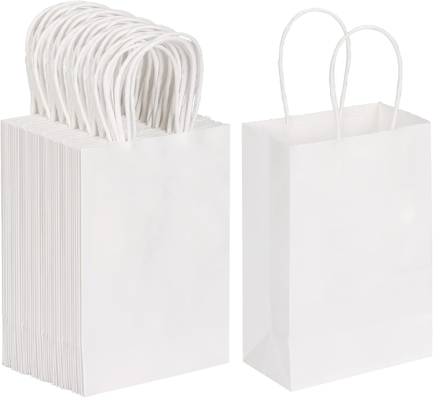 Aakriti Kraft Paper Gift Bags With Handles - White Small Bulk for Retail, Shopping, Birthday, Wedding Party Favors, Merchandise (8x3.5x9.5 inch, Pack of 10)