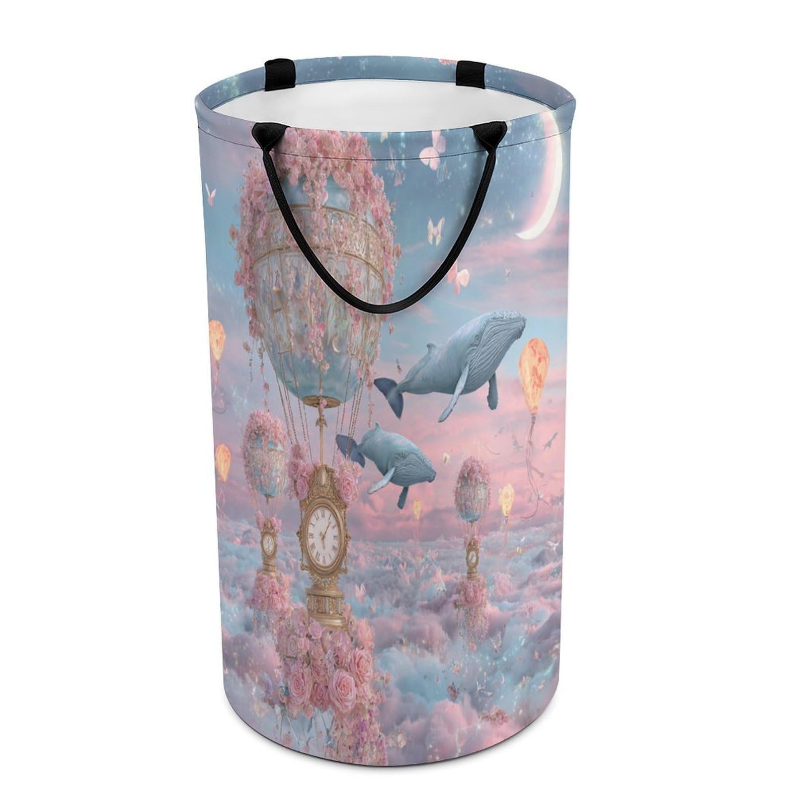 LUYYSKY Beautiful Romantic Hot Air Balloon Versatile Storage Laundry Basket, Rustic Watercolor Galaxy Animal Whale Butterflies Pink Roses Large Bathroom Hamper With Handle-40 CM Dia, 69 CM High