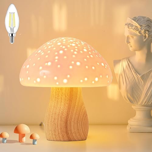 Miniatura 1 de BOHON Lámpara de hongo  Lámpara de mesita de noche de cerámica para mesita de noche de dormitorio, luz de noche pequeña vintage con bombilla LED