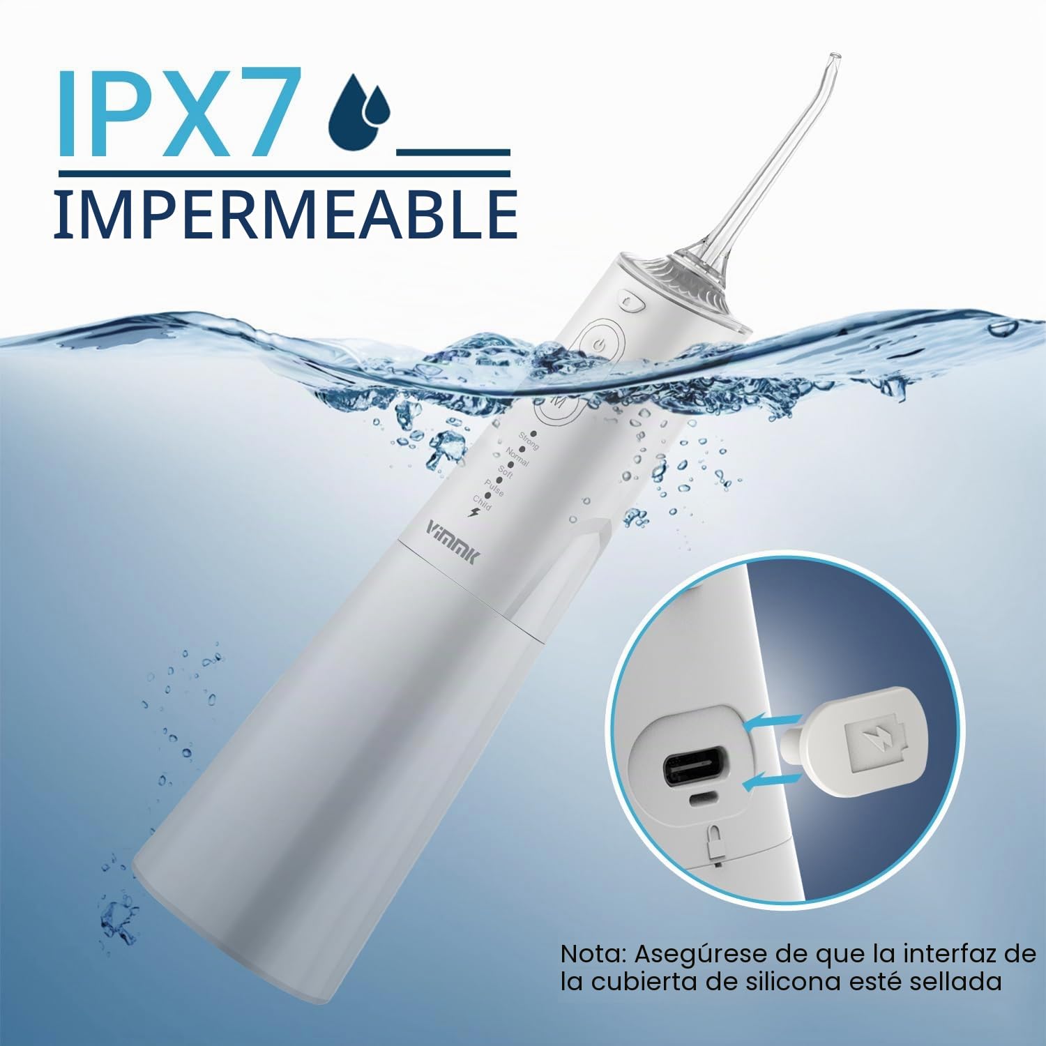 Vimmk Irrigador bucal inalámbrico, Irrigador Dental de Agua con Irrigador Oral Dental Recargable Impermeable IPX7 para Viajes a Casa (Blanco)