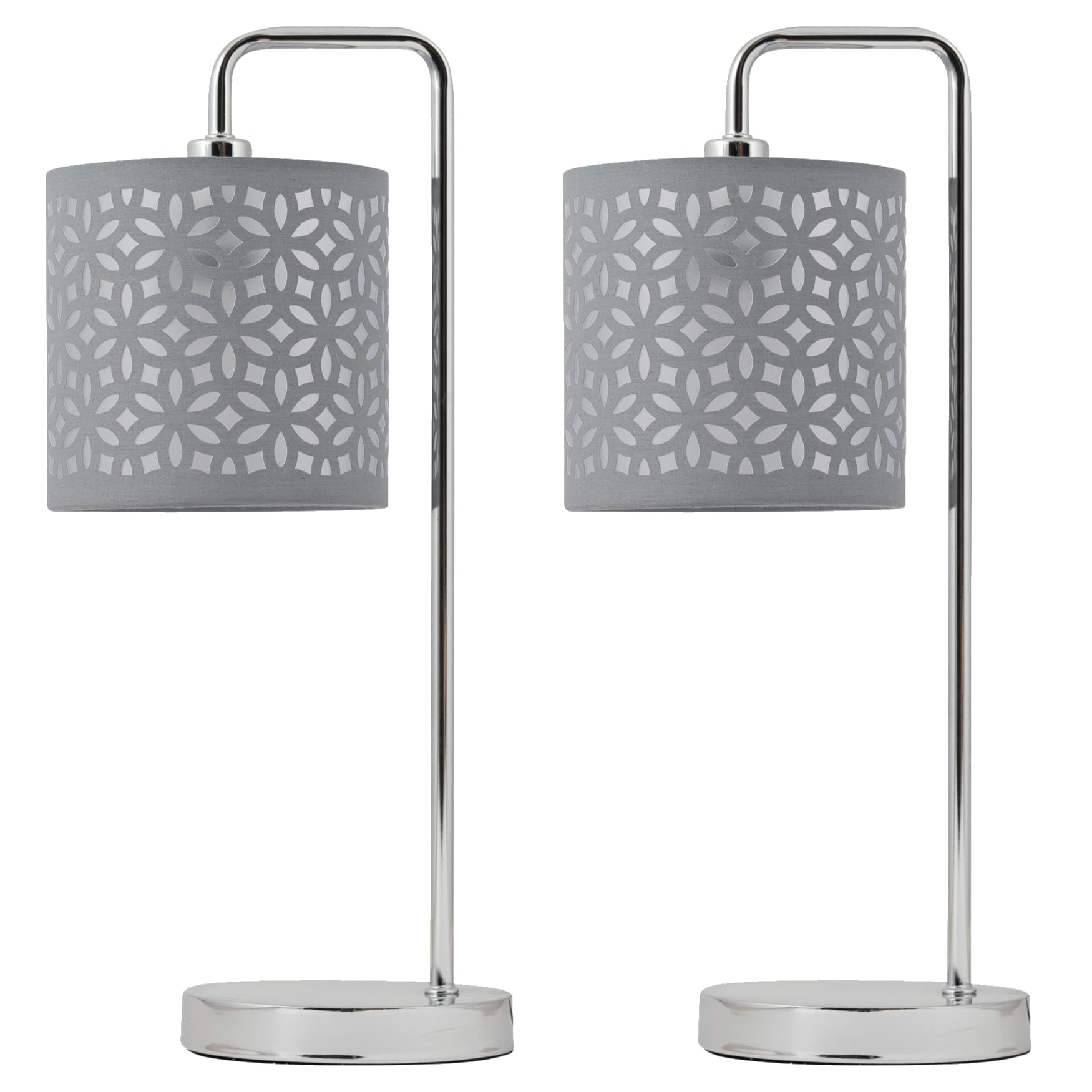Firstchoicelighting Chrome & Grey Set Of 2 Polished Chrome Table Lamps Or Bedside Lights, Modern Arched Design, Grey Cut Out Shade, Height 45Cm, Led Compatible