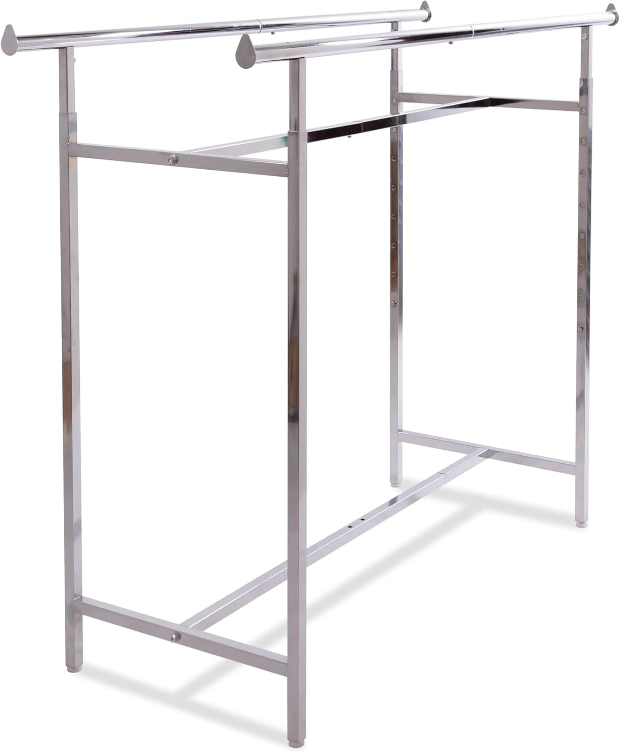 Econoco Double Bar Clothing Rack – Adjustable Garment Display with Rectangular Hangrail, Chrome (Base + End Rails)