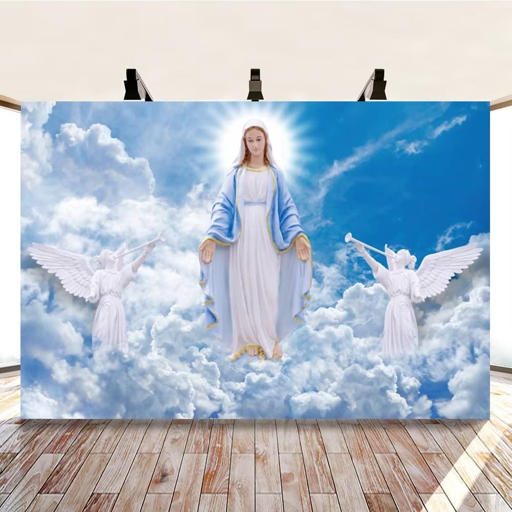 DASHAN 6x4ft Polyester God Bless Virgin Mary and Angel Backdrop Heaven First Communion Baptism Easter Christian Backdrop for Church Photography