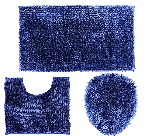 BH Home & Linen 3-Piece Luxurious Ultrasoft Butter Chenille Bath Rugs Set. 100% Microfiber (Navy)