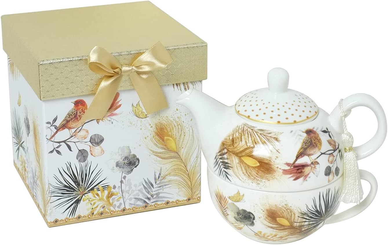 Lightahead Bone China Tea for One Set in Sparrow Bird Design, in attractive Reusable Handmade Gift Box (With Ribbon), Gold
