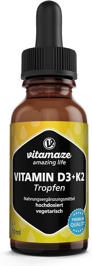 Vitamin D3 + K2 Tropfen hochdosiert, 50ml (1+ Jahre), 1000 IE Vitamin D3 + K2 flüssig, mehr als 99,7% All-Trans K2 MK-7, laborgeprüft und ohne unnötige Zusatzstoffe, Made in Germany