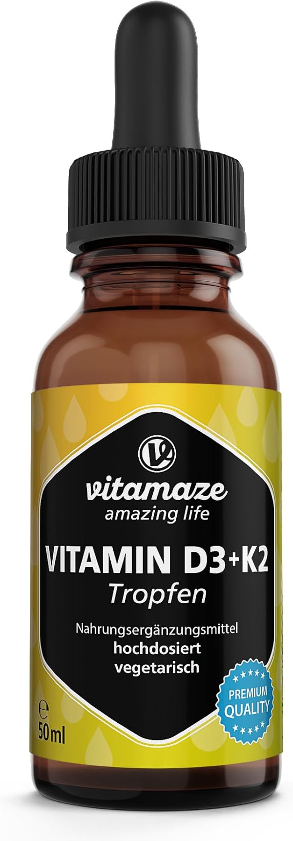 Vitamin D3 + K2 Tropfen hochdosiert, 50ml (1+ Jahre), 1000 IE Vitamin D3 + K2 flüssig, mehr als 99,7% All-Trans K2 MK-7, laborgeprüft und ohne unnötige Zusatzstoffe, Made in Germany