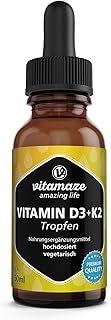 Vitamin D3 + K2 Tropfen hochdosiert, 50ml (1+ Jahre), 1000 IE Vitamin D3 + K2 flüssig, mehr als 99,7% All-Trans K2 MK-7, laborgeprüft und ohne unnötige Zusatzstoffe, Made in Germany