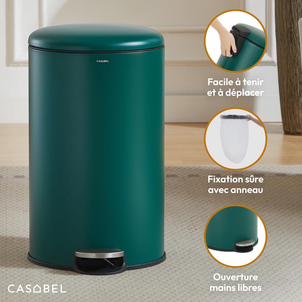 CASABEL Poubelle Cuisine Ronde 50L, Acier Inoxydable, Vert | Ouverture à pédale, Fermeture douce, Acier inox anti-traces, Anneau maintien du sac, Poignée de transport, Entretien facile