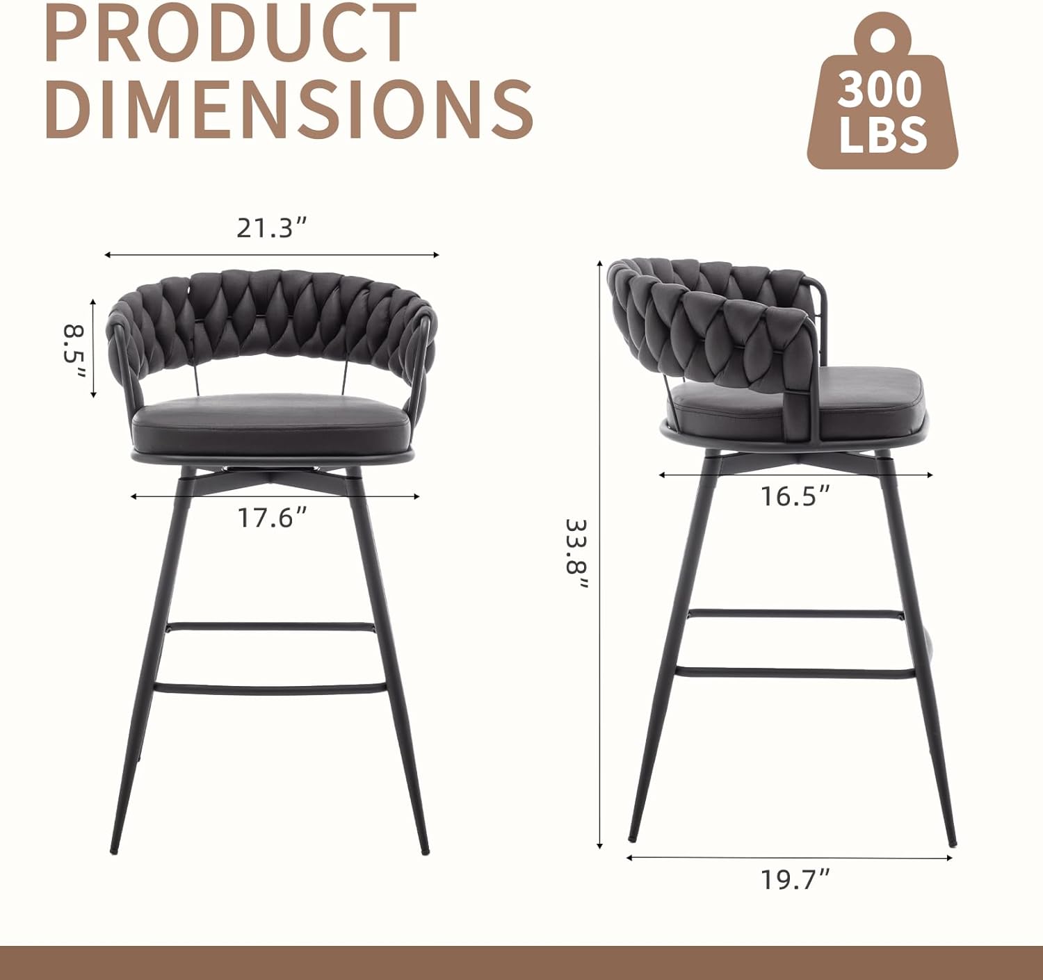 Counter Height Bar Stools Set of 4, Swivel Barstools with Curved Back, Black Leather Counter Stools for Kitchen Island, Dining Room, Cafe, Pub