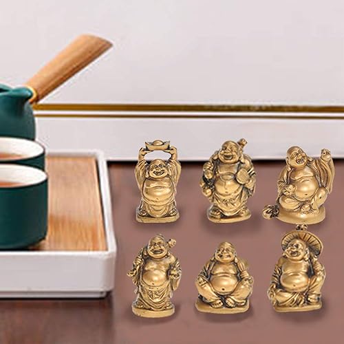 Miniatura 4 de Estatua de Buda sonriente de resina dorada, regalos coleccionables, figuras de decoración de Feng Shui, juego de 6 piezas (imitación de cobre, 2