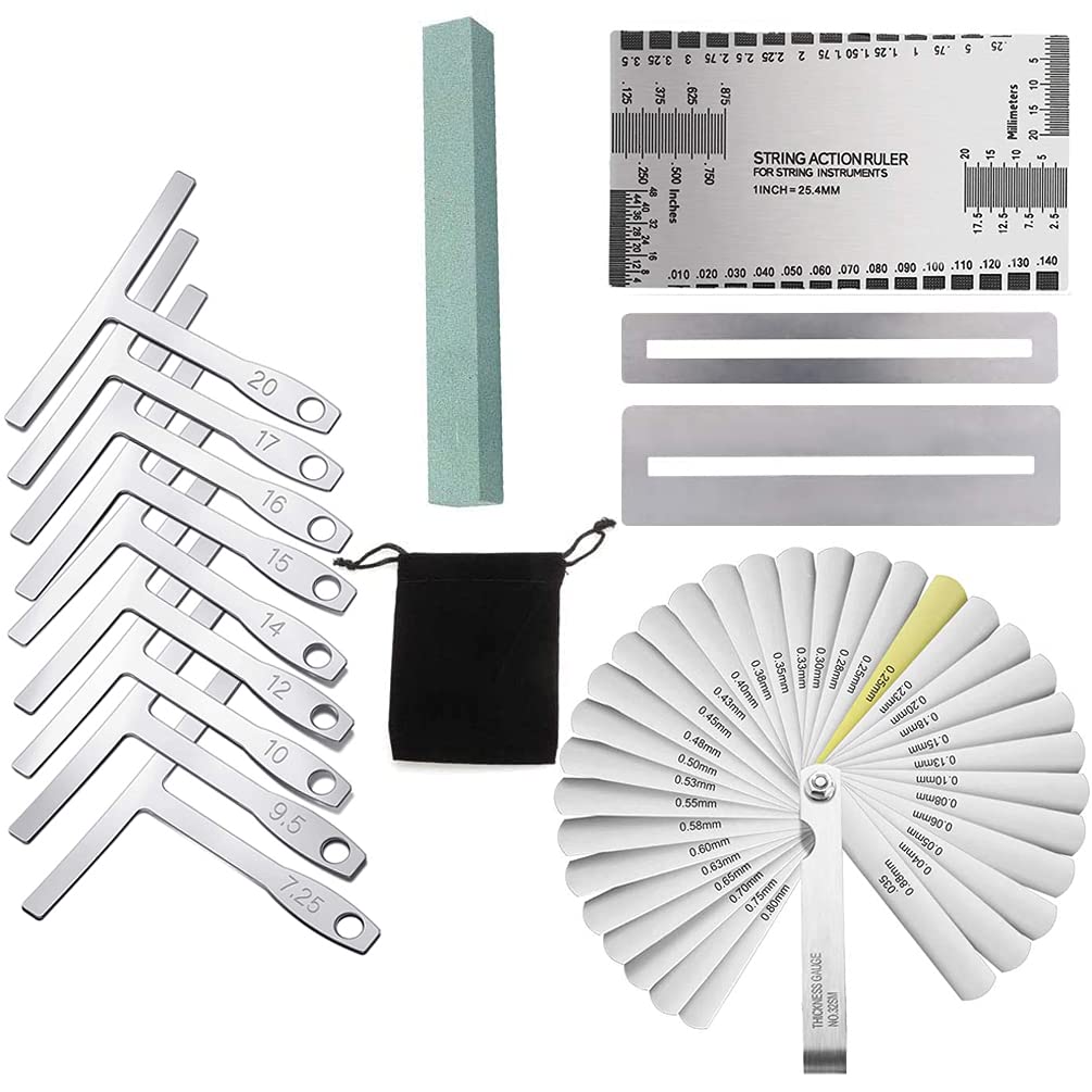 15 Pieces Guitar Luthier Tools Including Guitar Radius Gauge, String Action Ruler, 32 Blades Feeler Gauge, Fingerboard Fret Protector Guards and Grinding Stone for Guitar and Bass Setup