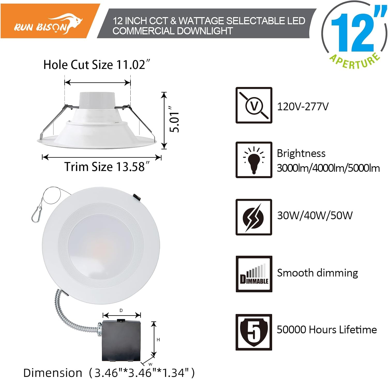 12 Inch Recessed LED Commercial Downlight with J-Box, Wattage Adjustable 30/40/50W,3 Color Selectable 3000K-5000K, 120-277V,0-10V Dimmable,IC Rated,Canless LED Downlight,ETL Listed-1PK