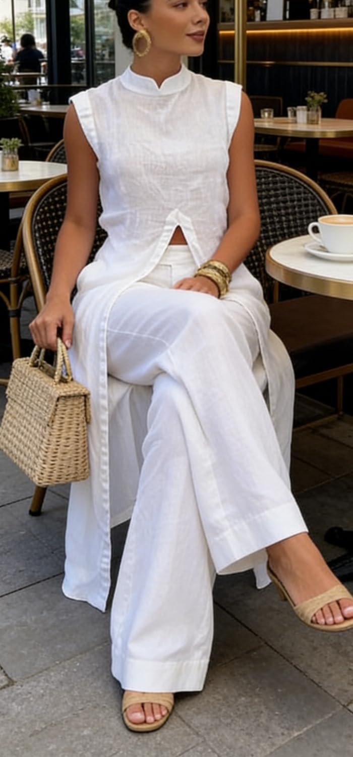 Elegante set da donna in misto lino con scollo alla coreana e spacco frontale e pantaloni larghi in vita elasticizzata Set di abiti estivi 2026