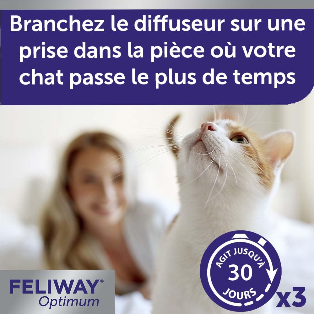 FELIWAY Optimum - Antistress per gatti, complesso di feromoni lenitivi per una serenità rafforzata, confezione economica 3 ricariche (3 x 30 giorni)