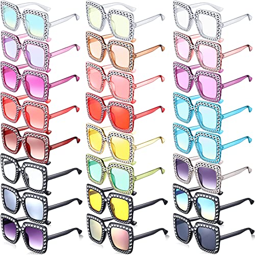 Chuangdi 24 Pcs Women Disco Sunglasses 70s Rhinestone Crystal Sunglasses Bulk Large Square Sparkling Glasses (Mixed Color)