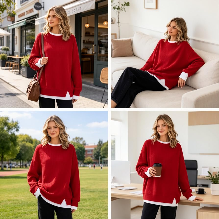 Womens Fall Sweater Crewneck Long Sleeve Layered Look Pullover Oversized - image 4
