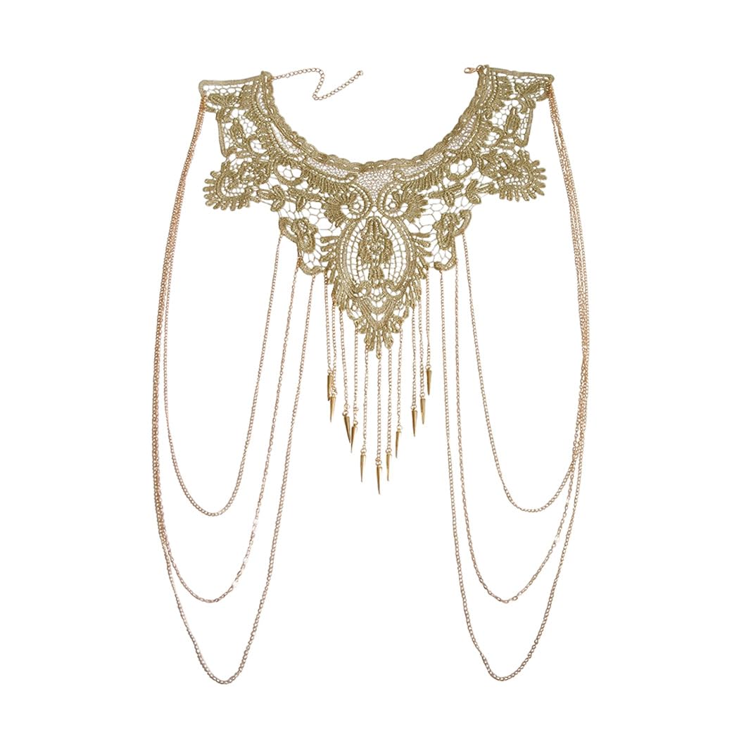 Boho Gold Body Chains Sexy Lace Shoulder Necklace Chain Bikini Rhinestone Bra Chain Rave Costume Party Body Jewelry for Women and Girls