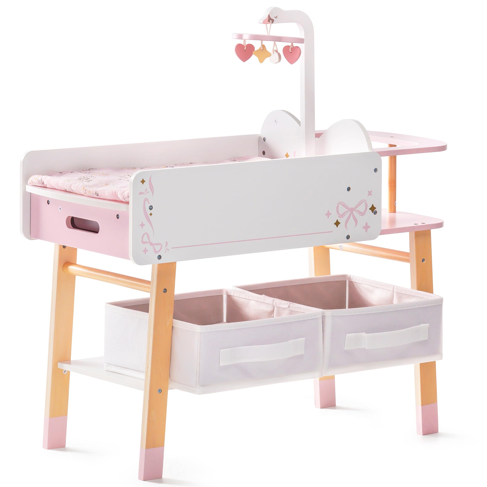 ROBOTIME Holz Puppen Wickeltisch, Puppen Wickeltisch mit Aufbewahrungsschublade, Kinderbett, Waschbecken, Hochstuhl, Bettwäsche, Puppenmöbel für unter 18 Zoll, Ballet Fairy Serie - Rosa