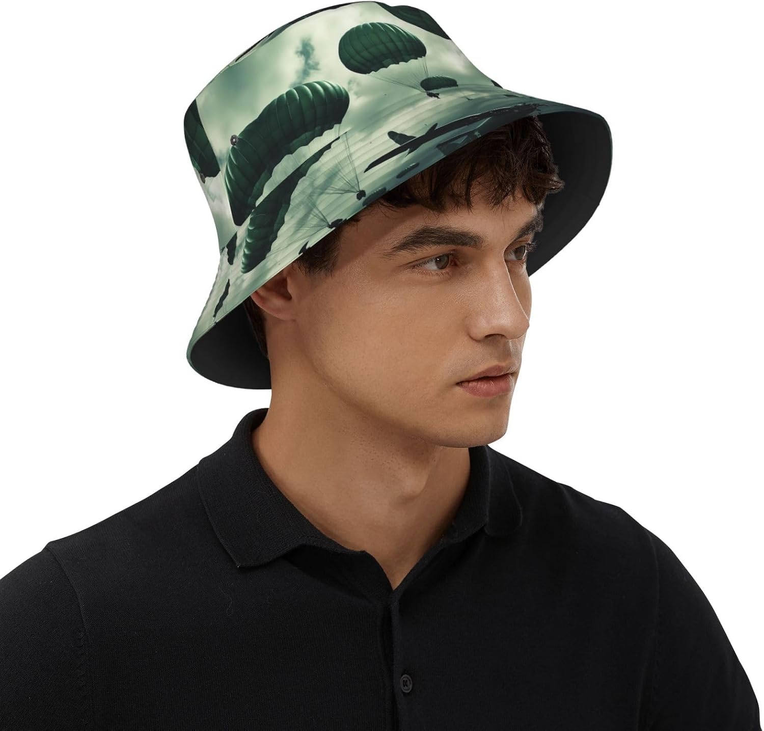 Fashion Bucket Hat for Women Men Packable Cute Sun Hats Parachute Above Airplane Fisherman Cap Outdoor Travel Beach Caps Black