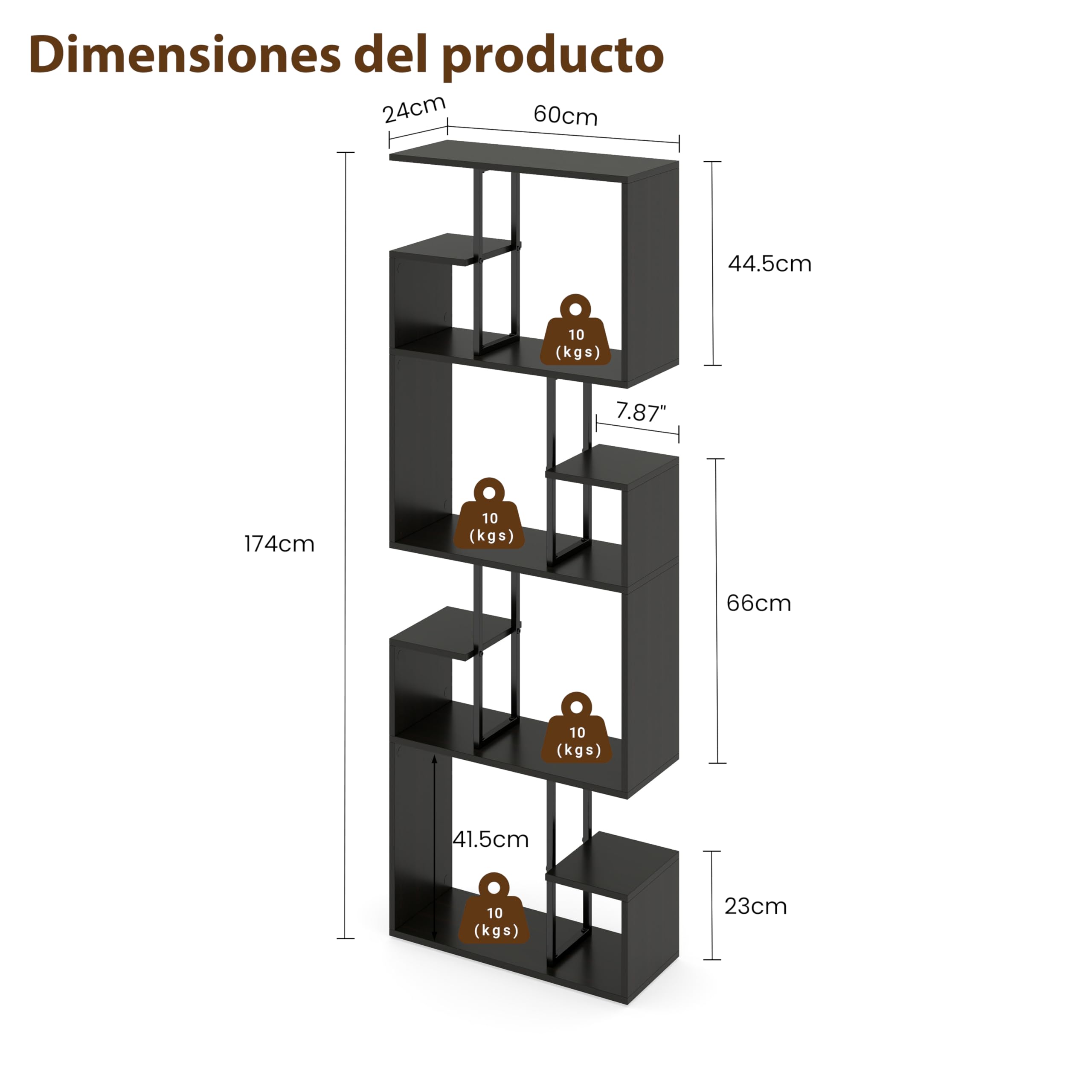 Manora Librería Estanteria con Almacenamiento, Librería En Forma De S De 4 Niveles, Estantes para Salón, Dormitorio, Estudio, 60 x 24 x 174cm, Negro y marrón (Negro y marrón, 60 x 24 x 174cm, 4)