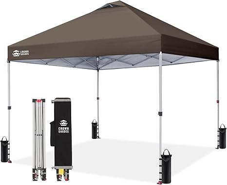 CROWN SHADES 10x10 Pop Up Canopy - Beach Tent with One Push Setup - Outdoor Sun Shade for Events, Parties, Camping - Gazebo with STO-N-Go Cover Bag, Silver Coated Top, 3 Height& 4 Sand Bags, Coffee