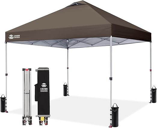 CROWN SHADES 10x10 Pop Up Canopy - Beach Tent with One Push Setup - Outdoor Sun Shade for Events, Parties, Camping - Gazebo with STO-N-Go Cover Bag, Silver Coated Top, 3 Height& 4 Sand Bags, Coffee