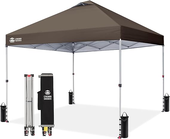 CROWN SHADES 10x10 Pop Up Canopy - Beach Tent with One Push Setup - Outdoor Sun Shade for Events, Parties, Camping - Gazebo with STO-N-Go Cover Bag, Silver Coated Top, 3 Height& 4 Sand Bags, Coffee
