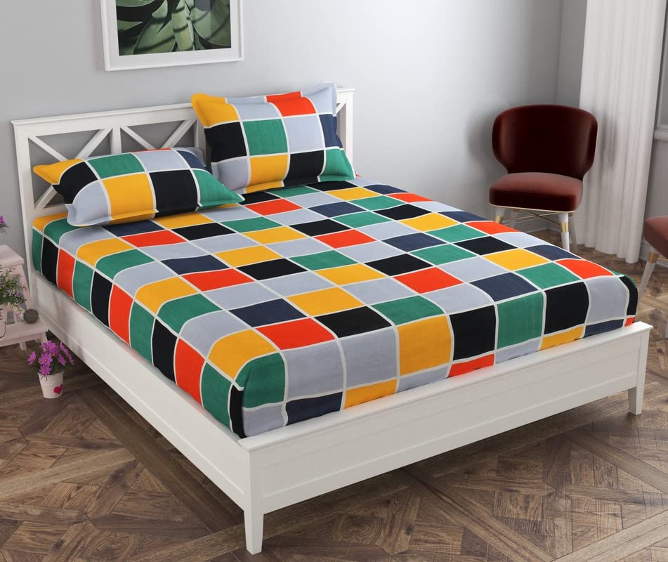 Luxury TrendsPremium Cotton Elastic Fitted Bedsheets with 2 King Size Pillow Covers | Double Bed with All Around Elastic 180 TC Supersoft | Size - 72x78+10 inches | King Size|Multi Checks