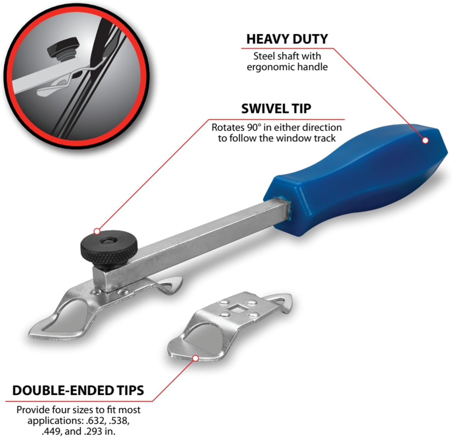 Performance Tool W86566 Windshield Locking Strip Tool, 90-Degree Swivel Tip, Four Sizes, for Windshields, Rear Glass, and More - Blue