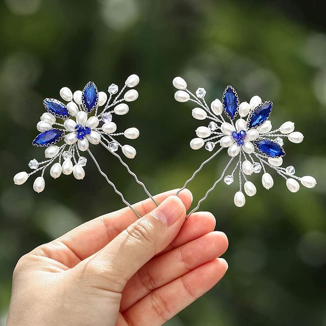 Vakkery Pearl Wedding Hair Pins Silver Bridal Hair Pieces Crystal Hair Accessories for Women and Girls (Pack of 2)