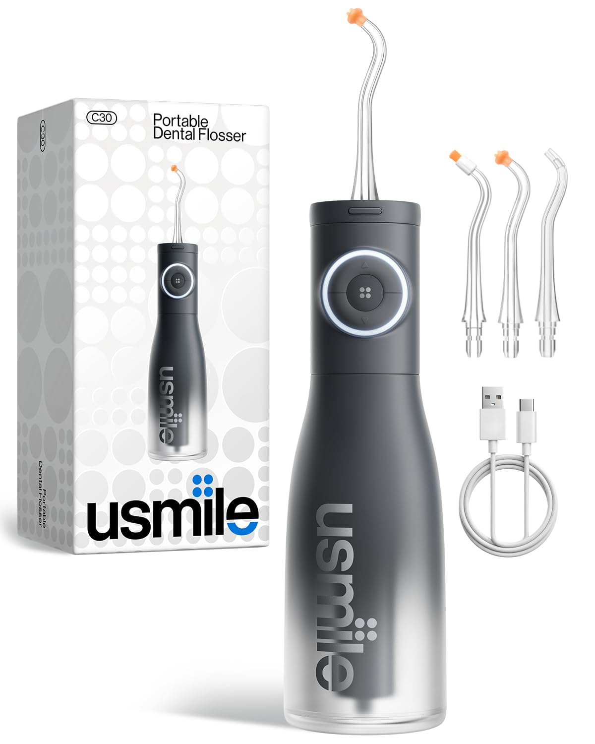 Photo 1 of usmile C30 Cordless Water Flosser, 300ml Large Tank, 5 Pressure Levels Deep Clean, S-Shaped Nozzles for Braces & Sensitive Gums, USB-C Rechargeable, IPX7 Waterproof, Portable Travel & Home Use(Black)