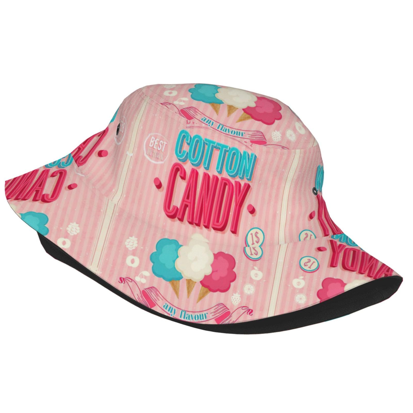 SDFHU Wurton Cotton Candy Print Unisex Cute Trendy Lightweight Bucket Hat Outdoor Aesthetic Fisherman Cap Sun Hat Black