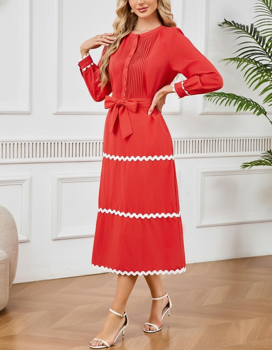 Women Button Up Long Sleeve Belted Midi Dress Elegant RIC Rac Tie Waist A-Line Dress with Pockets - Image 2