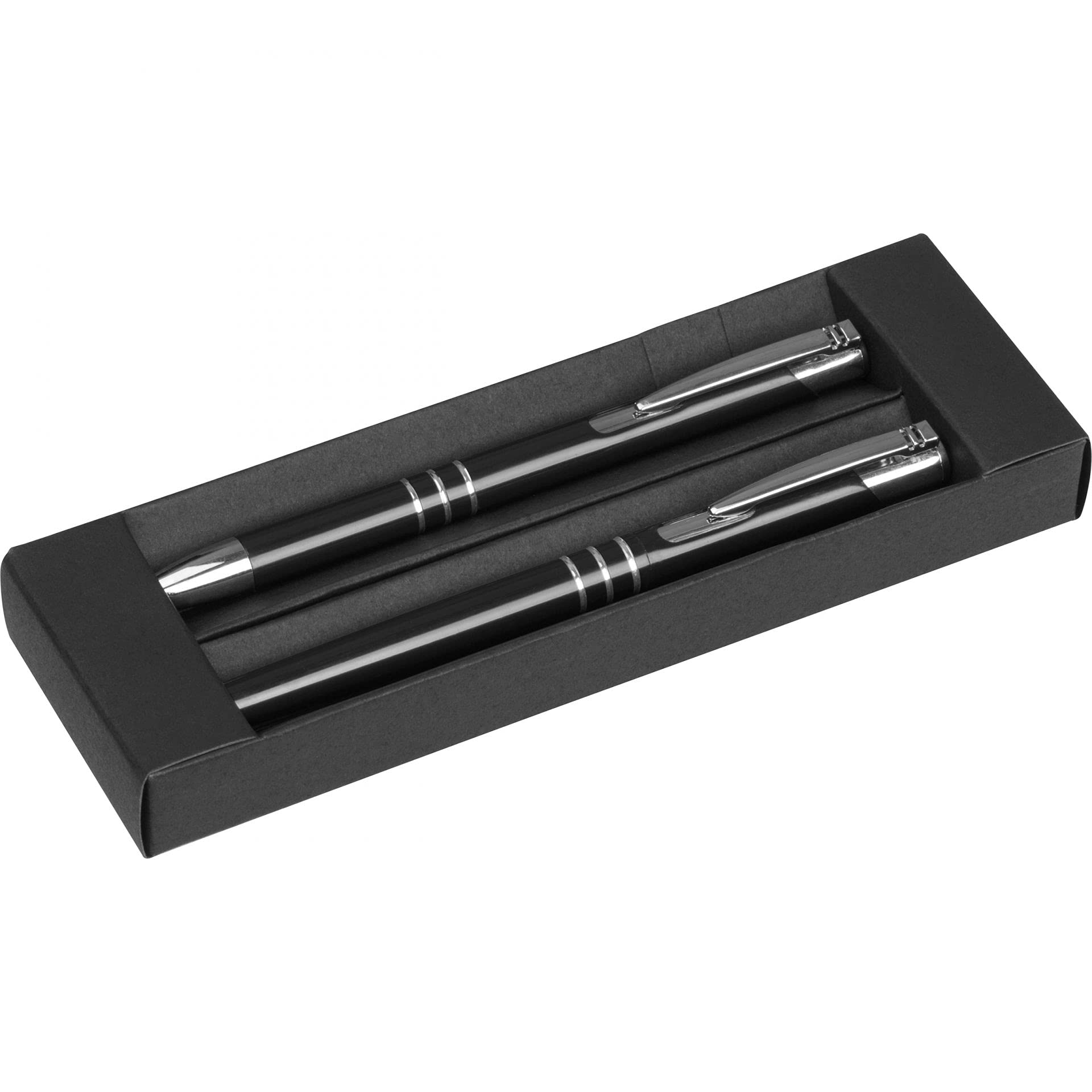 50x Hochwertiges Metall-Schreibset – Kugelschreiber & Rollerball mit blau schreibender Mine – Elegantes Design im schwarzen Etui – Erhältlich in Blau, Rot, Schwarz & Weiß