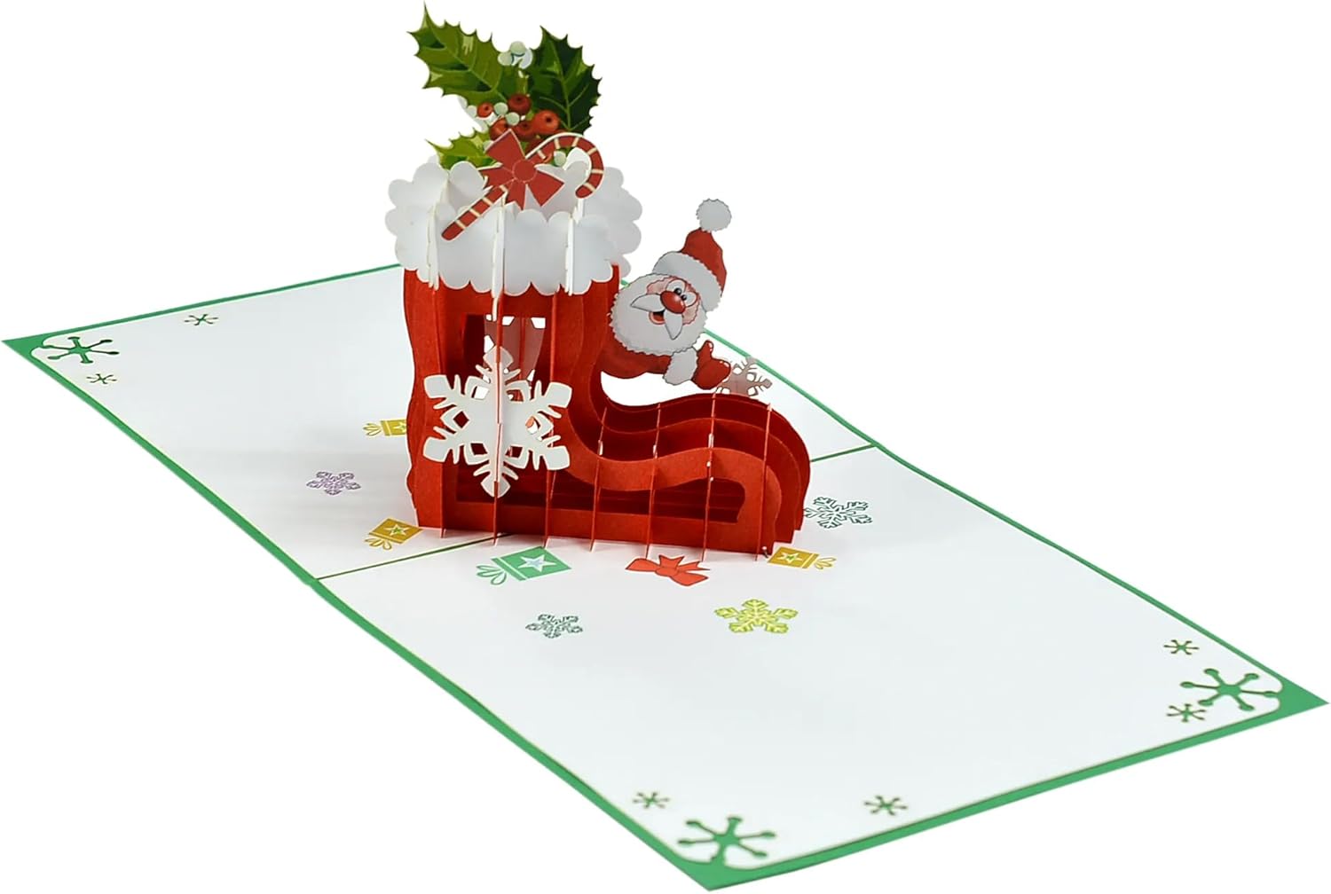 Santa Claus Red Gift Stocking 3D Pop Up card.A Delightful holiday surprise greeting card gift for kids, friends, family and loved ones. For Christmas decor and parties.15cmx15cm