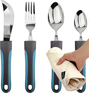 BUNMO Adaptive Utensils - Weighted Knives Forks and Spoons Silverware Set for Elderly People Disability Parkinsons Arthritis Aid Handicapped Hand Muscle Weakness Large Grip Built Up Utensils