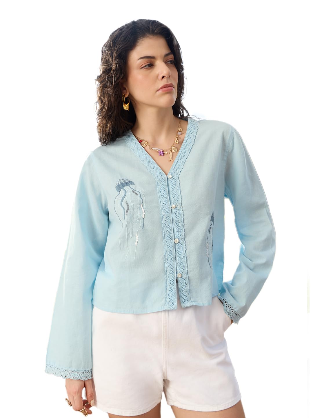 the souled store Jellyfish Women and Girls Full Length Sleeves V Neck Blue Embroidered Cotton Linen Relaxed Fit Breathable Lightweight Everyday Casual Wear Summer Shirt-picture-42