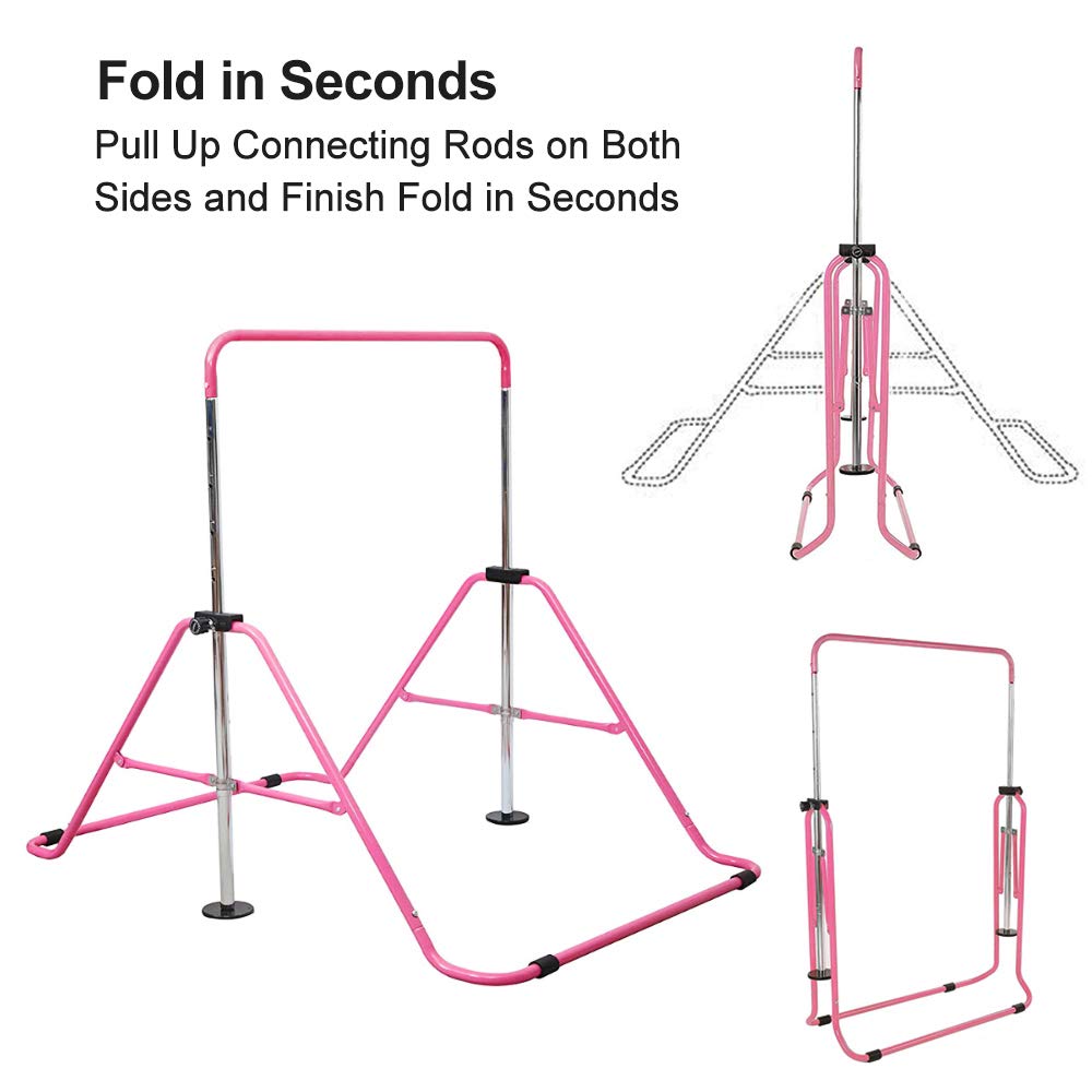 Slsy Gymnastics Bars Kids Kip Training Bars for Home, Folding Horizontal Bars with Adjustable Height, Practice Bar Gymnastic for Kids, Child, Girls, Boys (Pink Pro)
