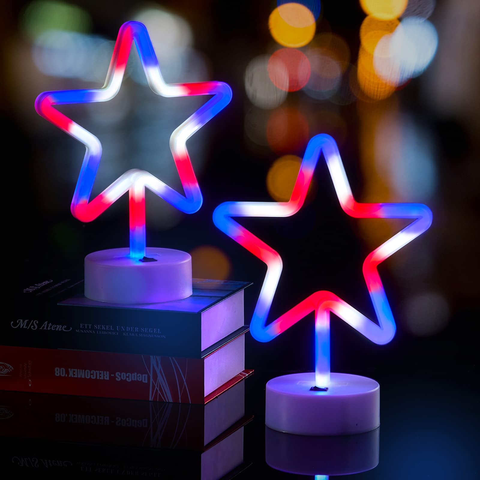 WBao 4th of July Decorations 2 Pack LED Patriotic Neon Star Signs, USB/Battery Powered Red White Blue Stars for Home, Tabletop, Mantel, Porch, Yard Memorial Day 4th of July Party Decorations