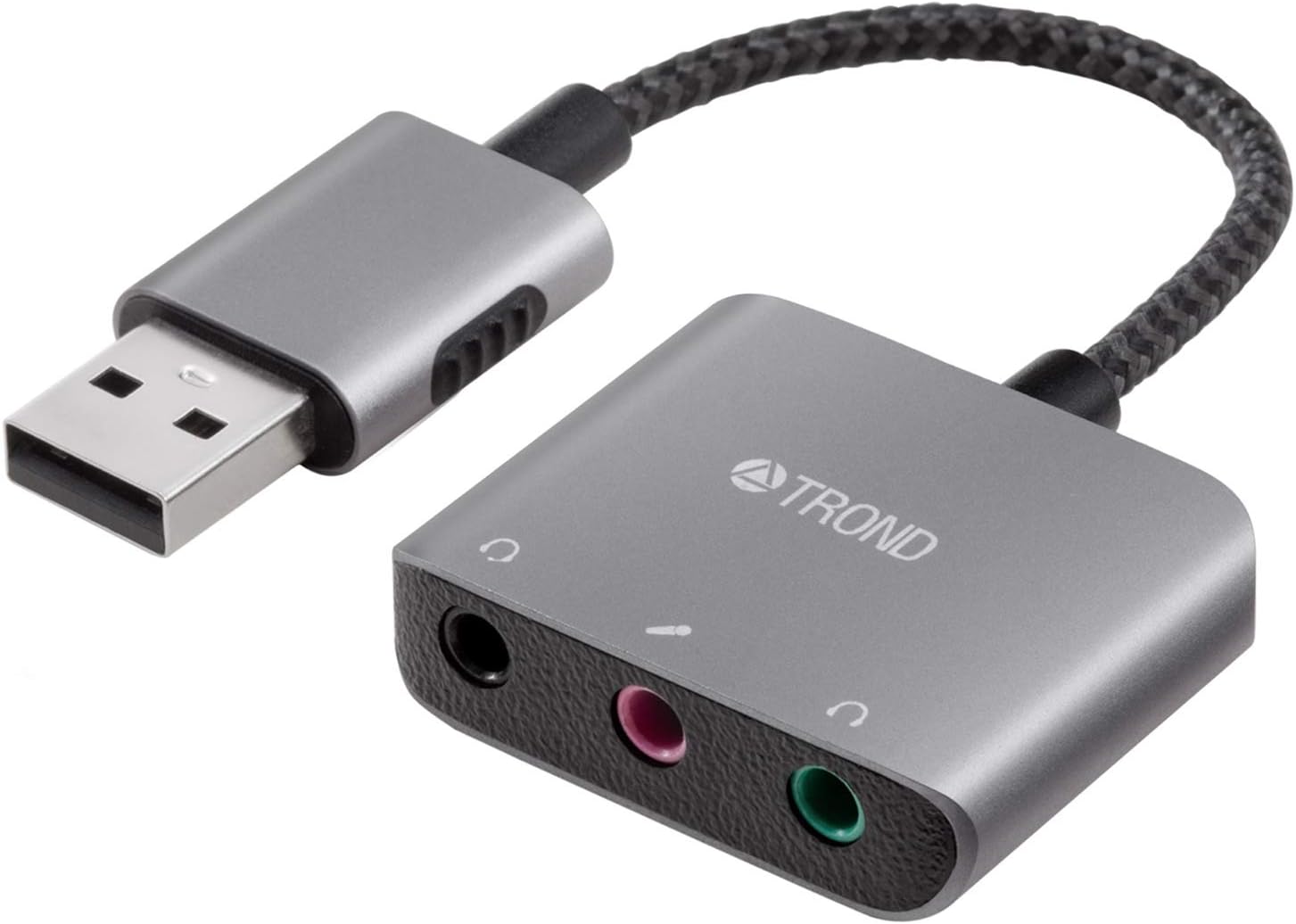 TROND External Sound Card USB Audio Adapter, Durable Aluminum Housing, Flexible Nylon Braided Cable, USB Type A to 3.5mm TRS & TRRS Aux Jacks, Space Gray