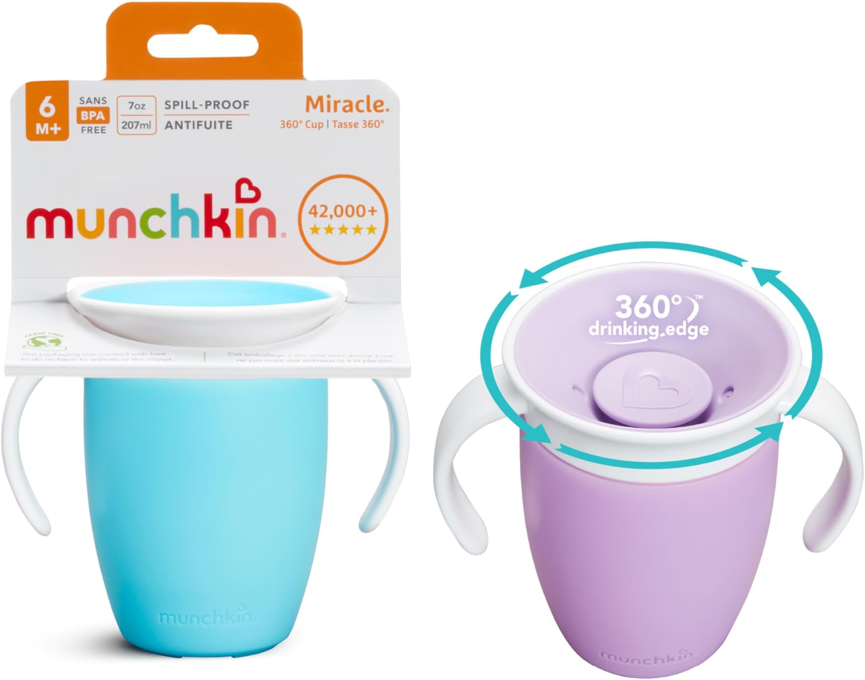 Miracle 360 Sippy Cup, Trainer BPA Free Baby & Toddler Cups w.Handles, Non Spill, Dishwasher Safe Leakproof, 6+ Months - 7oz/207ml,2 Pack, Blue/Purple