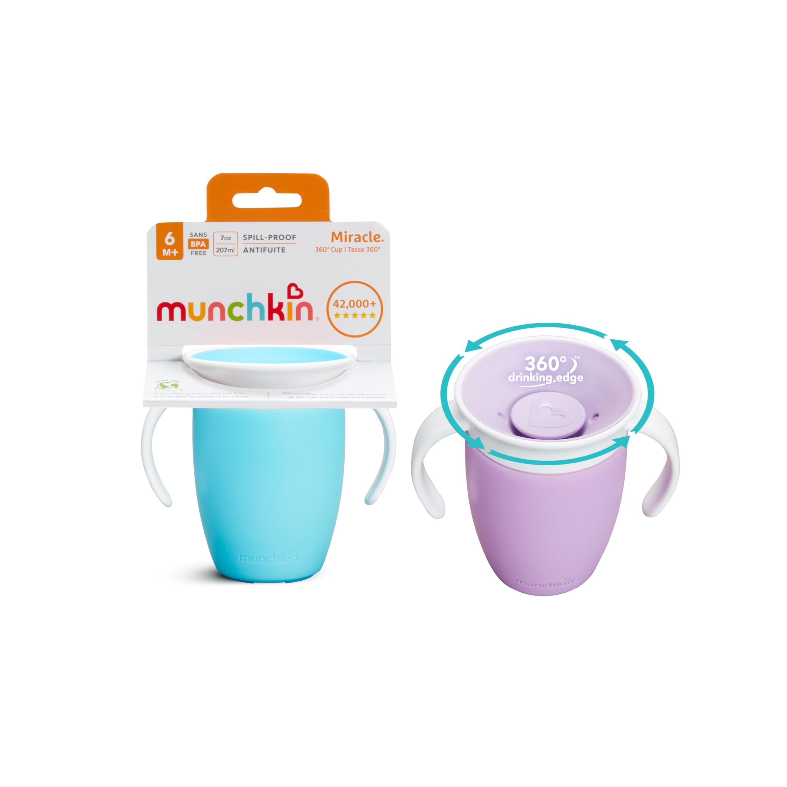 Munchkin Miracle 360°-Trinkbecher für Babys und Kleinkinder, 2er-Set, BPA-frei, mit Griffen, auslaufsicher & spülmaschinenfest, für Kinder ab 6 Monaten - 207 ml, blau/lila