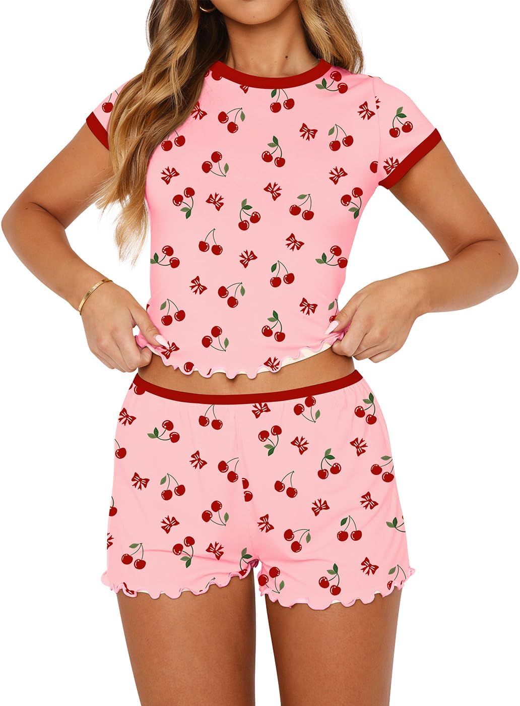 Lacozy Womens Pajama Sets 2 Piece Cute Graphic Pj Sets Short Sleeve Crop Top and Shorts Y2k Soft Lounge Sets Summer