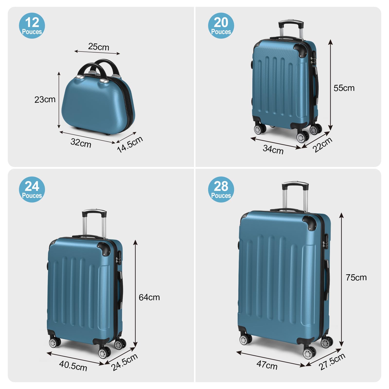 LEADZM Set di Valigie Rigide 4 Pezzi con Beauty Case (Blu marine)