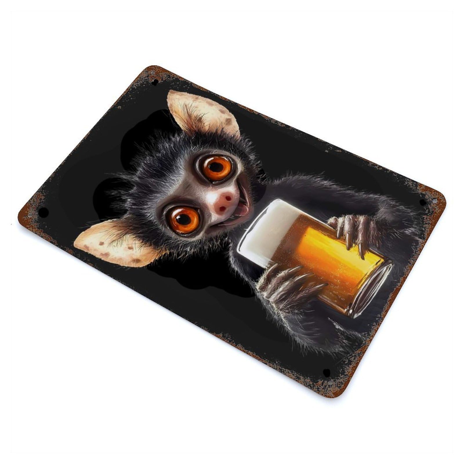 Lemur with Beer Rustic Tin Plaque 11.8"x7.9", Ideal for Shed, Workshop And Garage Wall Decor