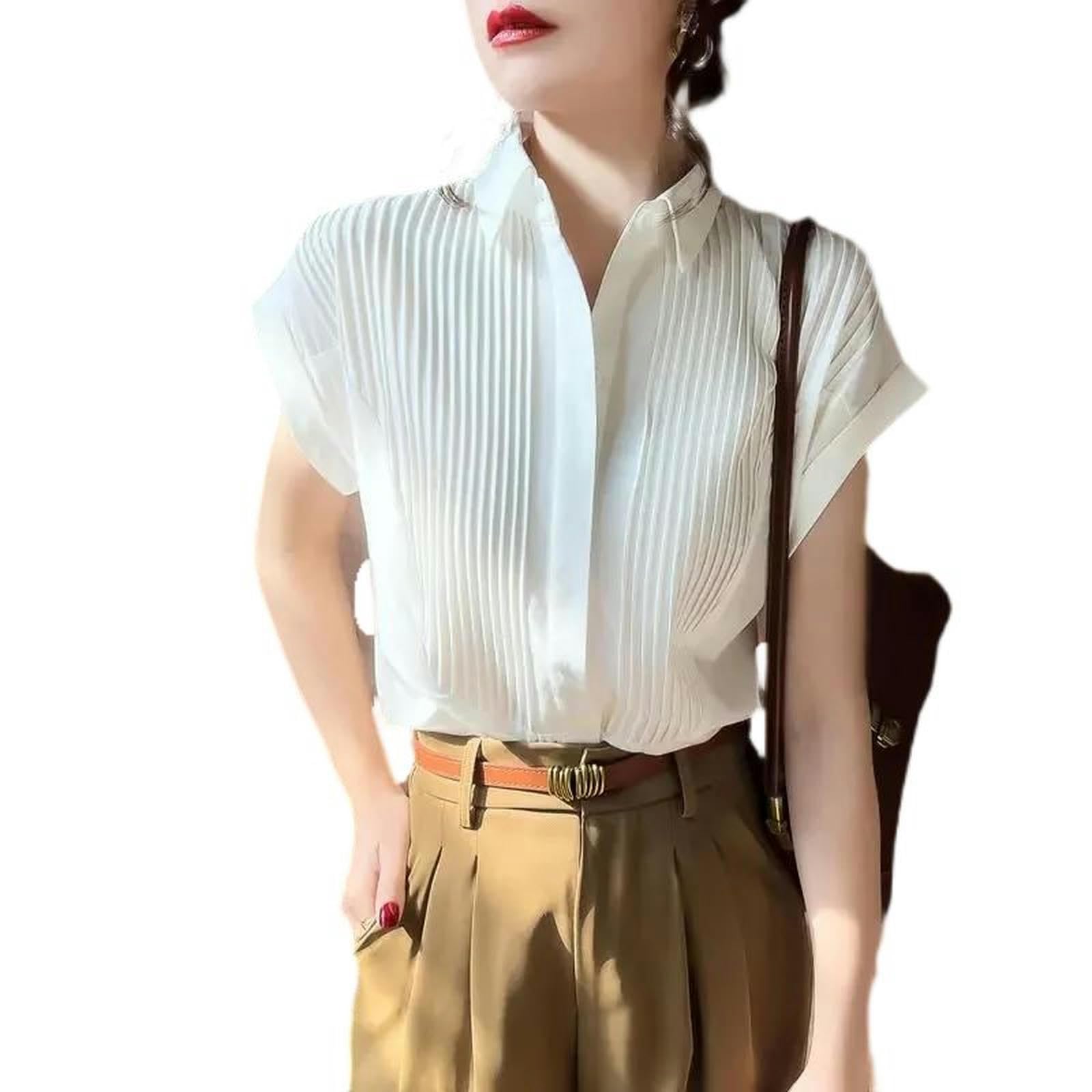 Camisa de gasa blanca plisada XL manga corta para mujer